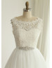 Boat Neck Ivory Lace Tulle Short Wedding Dress With Beaded Belt
